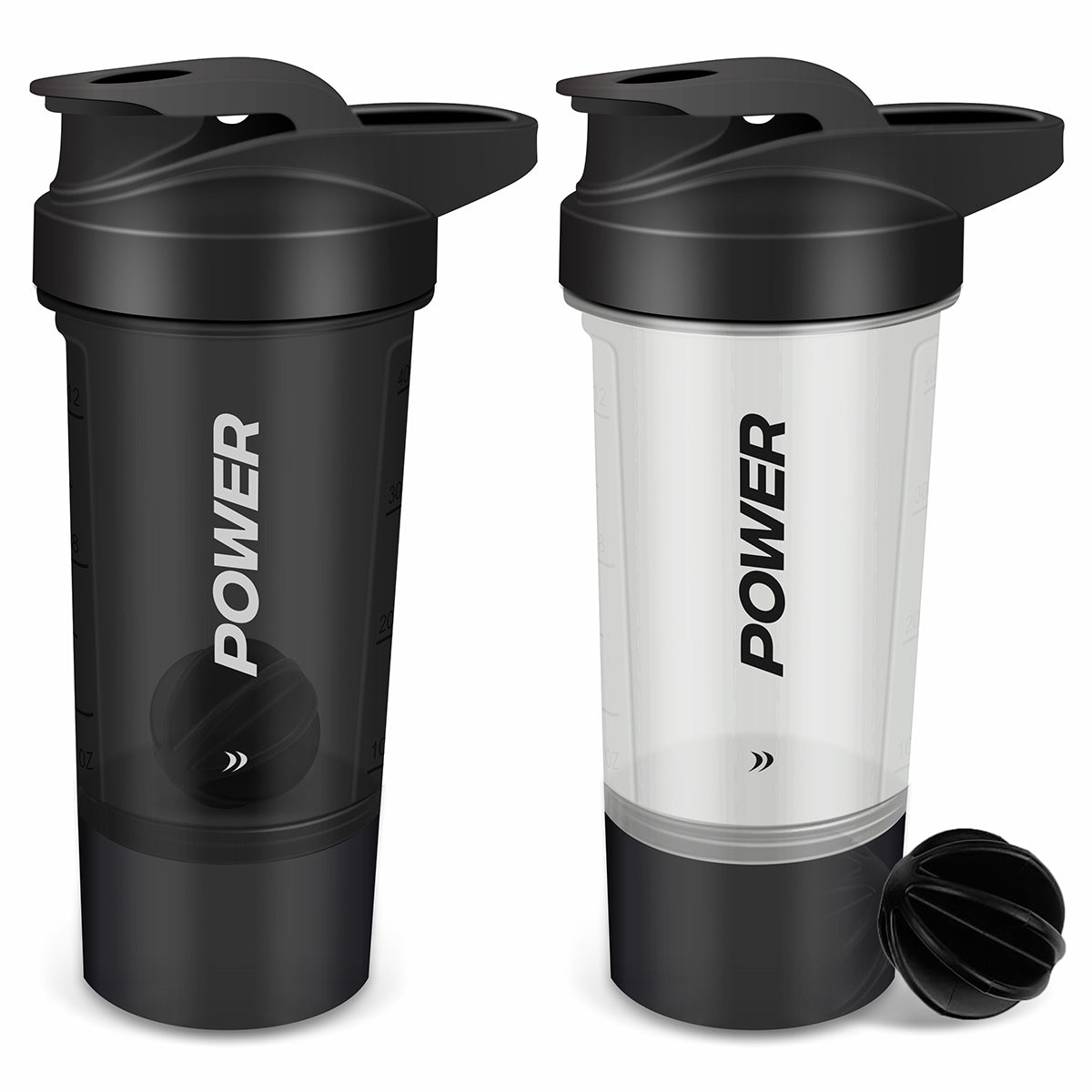 Protein Shaker Bottle (Pack of 2) - Protein Mixes & Supplement Shaker 600ml - Shakers with Storage Cup