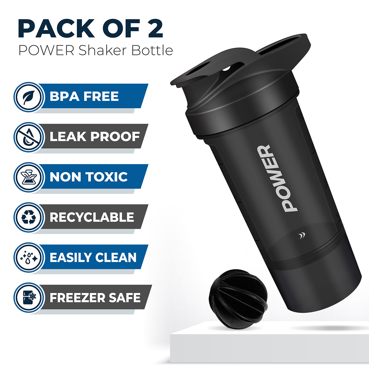 Protein Shaker Bottle (Pack of 2) - Protein Mixes & Supplement Shaker 600ml - Shakers with Storage Cup