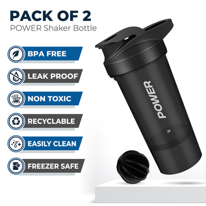 Protein Shaker Bottle (Pack of 2) - Protein Mixes & Supplement Shaker 600ml - Shakers with Storage Cup