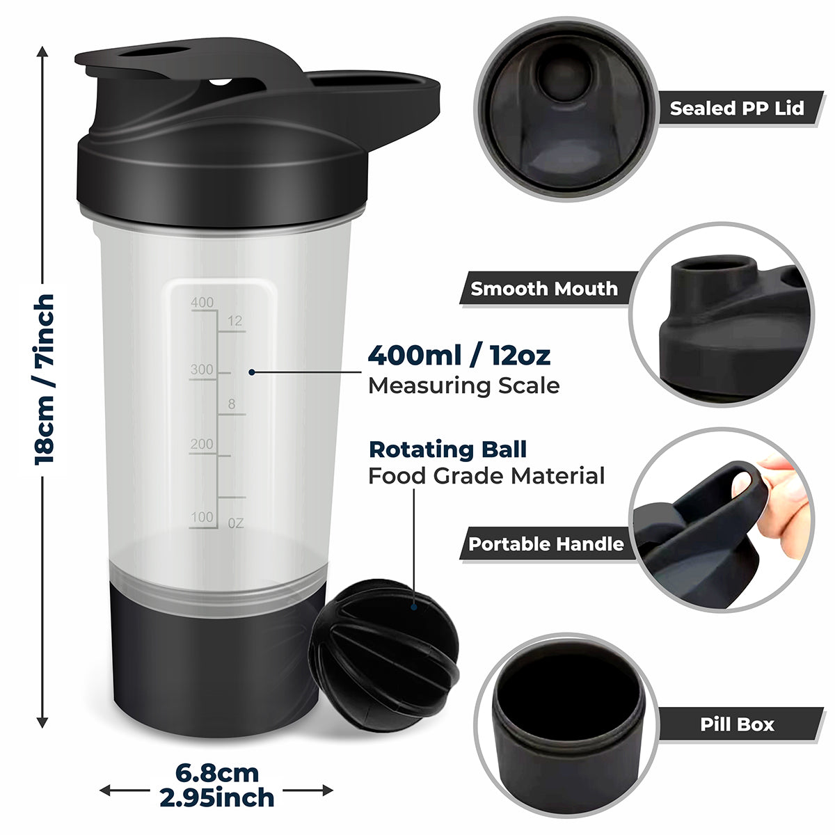 Protein Shaker Bottle (Pack of 2) - Protein Mixes & Supplement Shaker 600ml - Shakers with Storage Cup