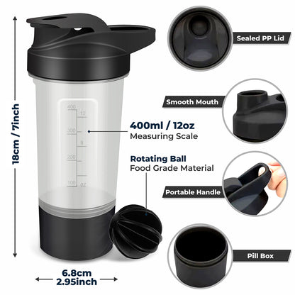 Protein Shaker Bottle (Pack of 2) - Protein Mixes & Supplement Shaker 600ml - Shakers with Storage Cup