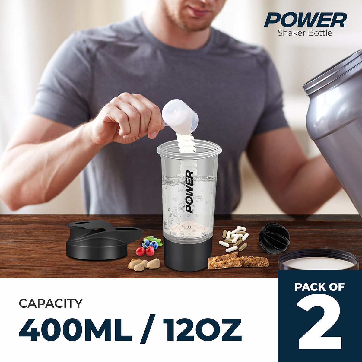 Protein Shaker Bottle (Pack of 2) - Protein Mixes & Supplement Shaker 600ml - Shakers with Storage Cup