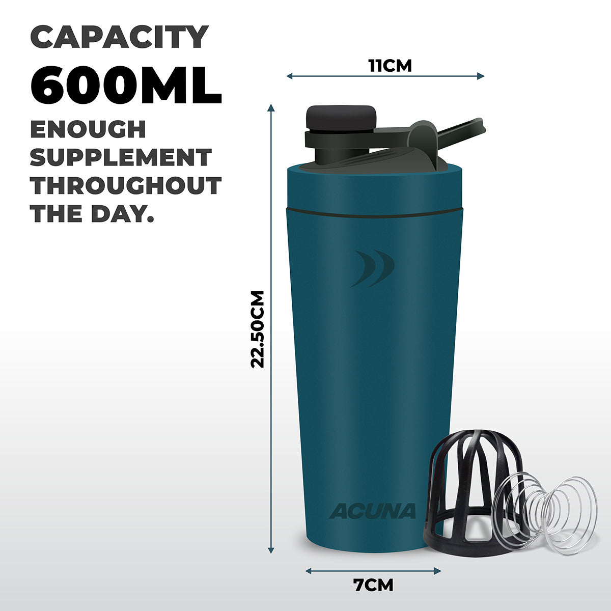 Shaker Bottle - Stainless Steel 600ml | Double Wall 24hr Cold/12 hr Hot, Insulated Leakproof Metal Bottle