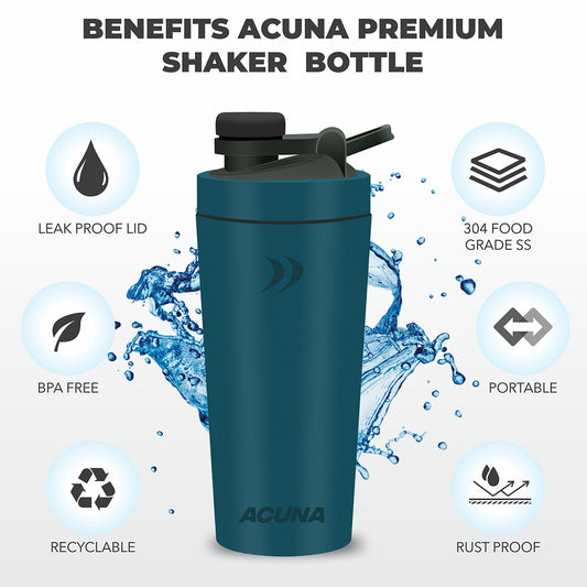 Shaker Bottle - Stainless Steel 600ml | Double Wall 24hr Cold/12 hr Hot, Insulated Leakproof Metal Bottle