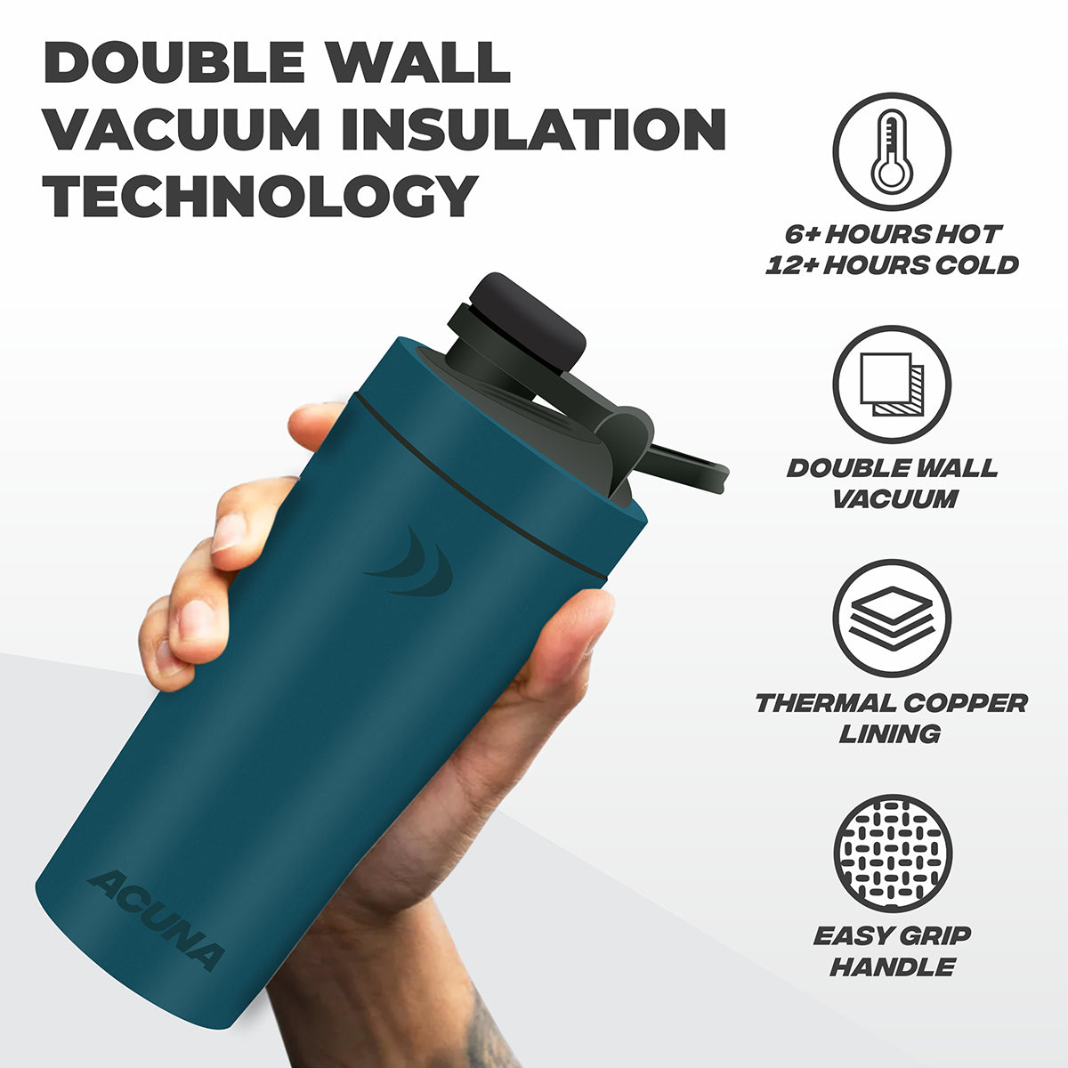 Shaker Bottle - Stainless Steel 600ml | Double Wall 24hr Cold/12 hr Hot, Insulated Leakproof Metal Bottle